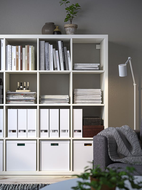 A white KALLAX shelving unit