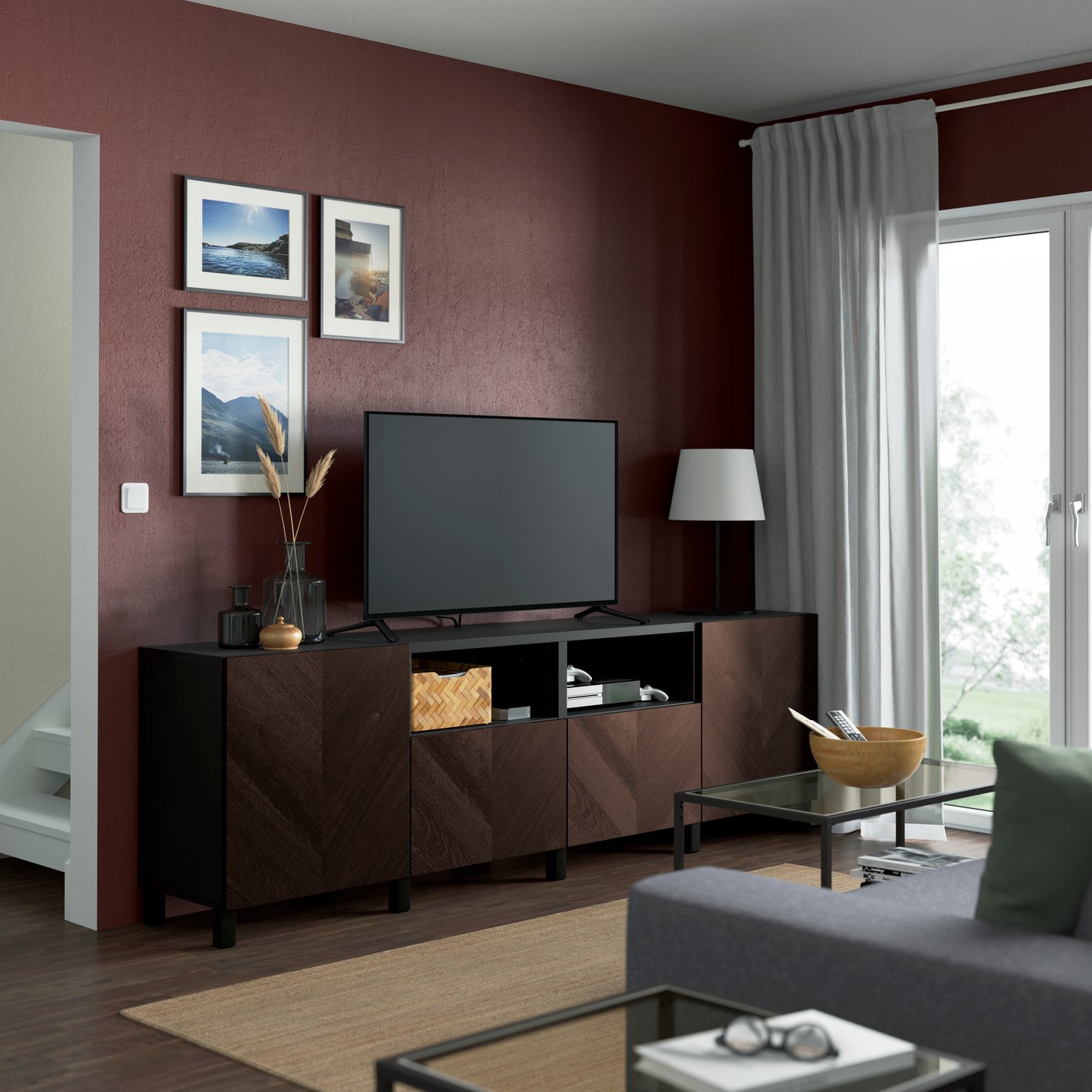 A black-brown Hedeviken/Stubbarp/dark brown stained oak veneer BESTÅ TV bench with doors and drawers