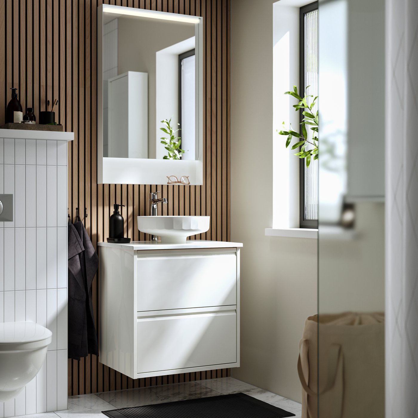 A high-gloss white/white marble effect LERSJÖN wash-stnd w drawers/wash-basin/tap