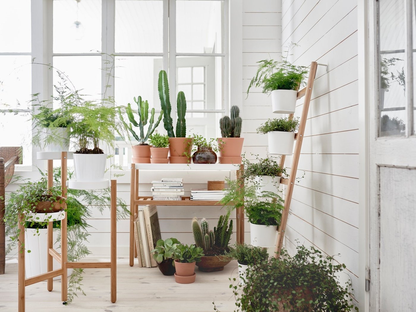 A bamboo/white SATSUMAS plant stand with 5 plant pots