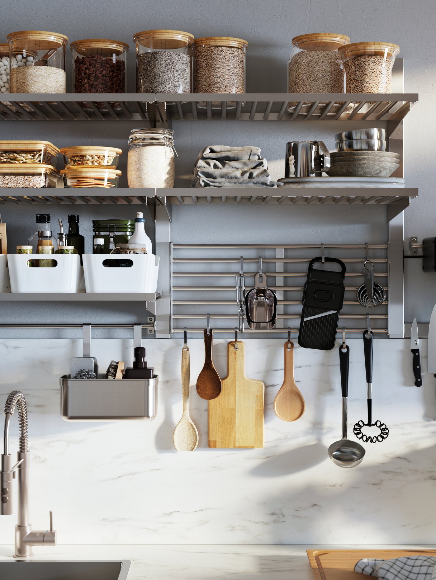 A stainless steel KUNGSFORS rail with 5 hooks and 1 container