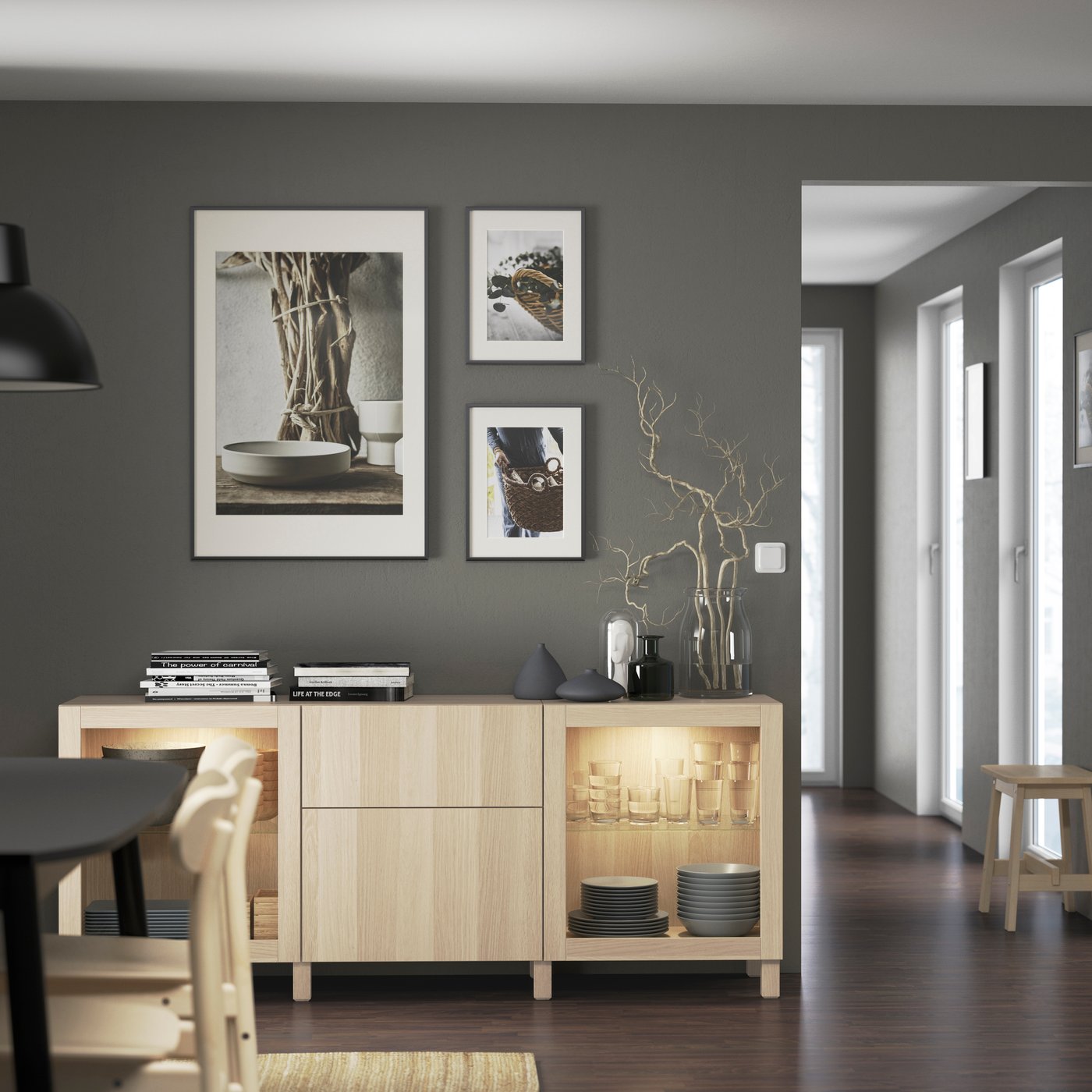 A white stained oak effect Lappviken/Sindvik/Stubbarp white stained oak eff clear glass BESTÅ storage combination with drawers