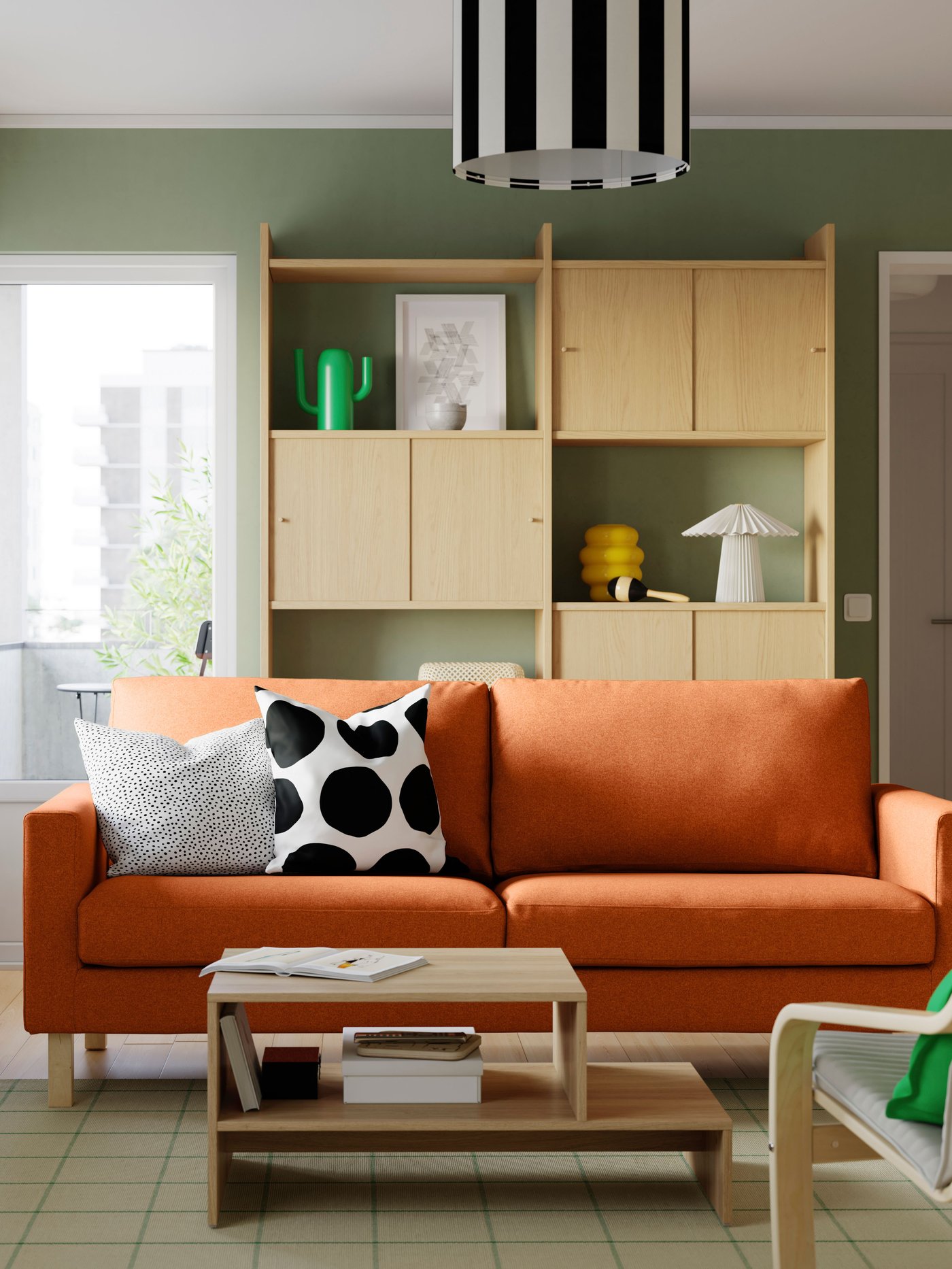 A with 2 shelves/oak effect LÅDMAKARE storage combination w sliding doors in the living room