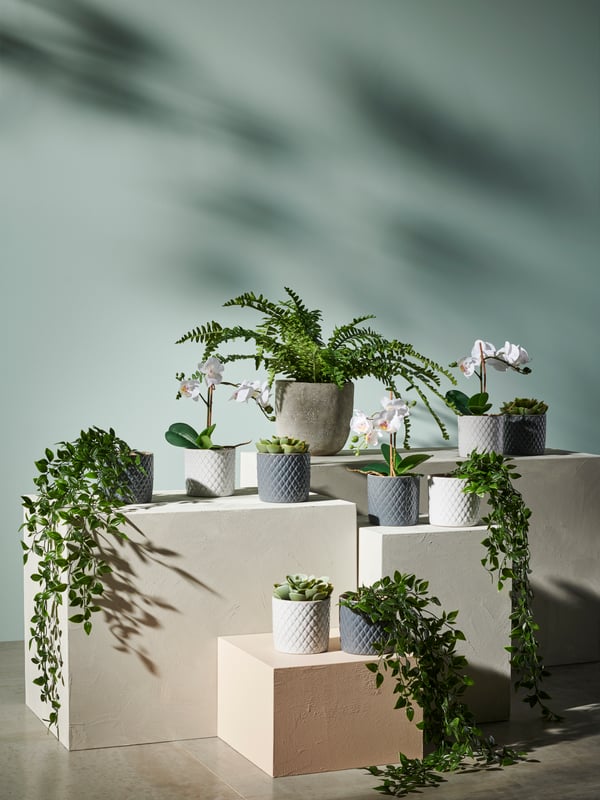 PÅKOSTAD scented candles in ceramic containers, grey VANLIGEN tealight holder and PÅDRAG glass vase with flowers on a white cabinet with glass doors.