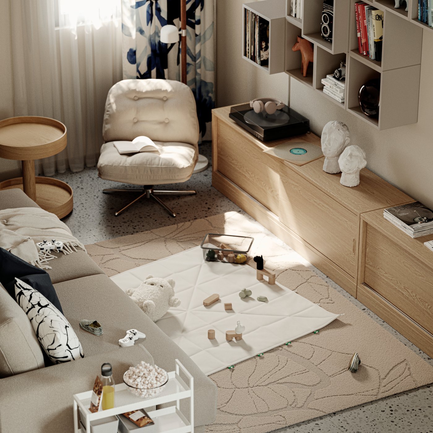 Deux bancs TV TONSTAD et un siège pivotant DYVLINGE près d’un tapis/boîte de rangement GREJSIMOJS déplié en tapis.