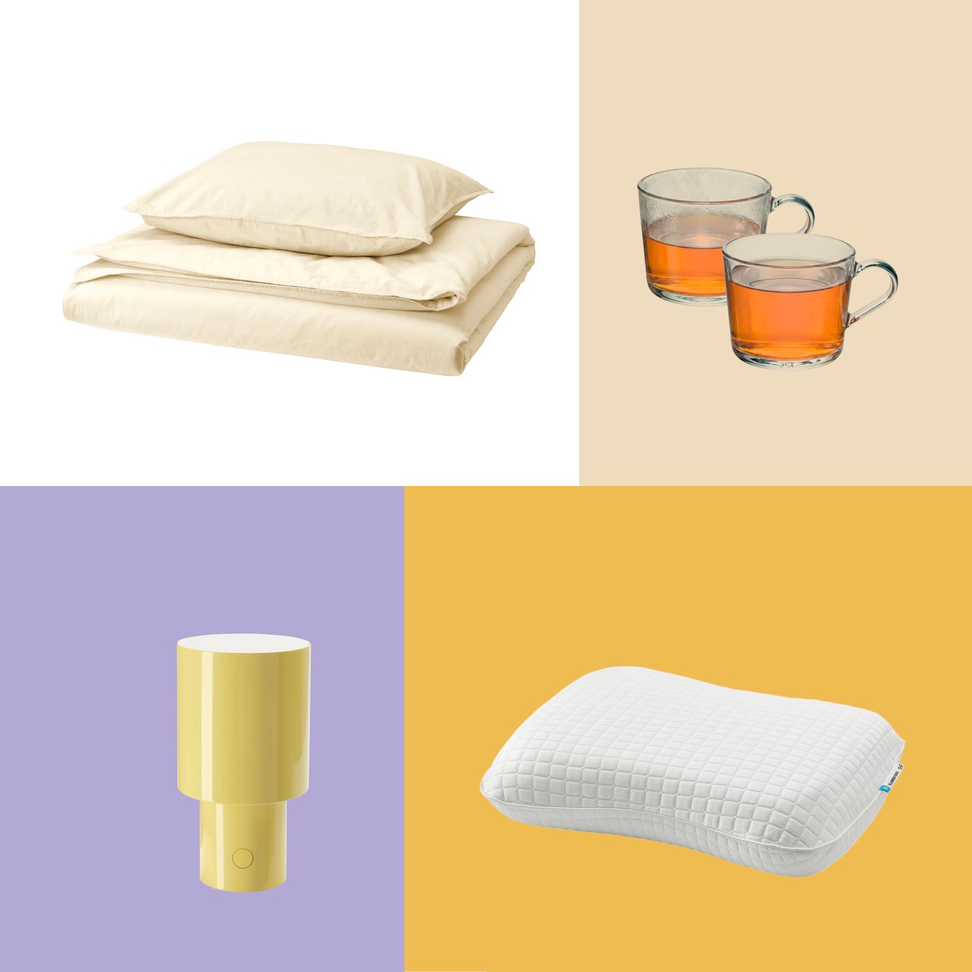 Een productopstelling met het ÄNGSLILJA dekbedovertrek, het ergonomische KLUBBSPORRE hoofdkussen, de SPETSBOJ tafellamp en IKEA 365+ mokken.