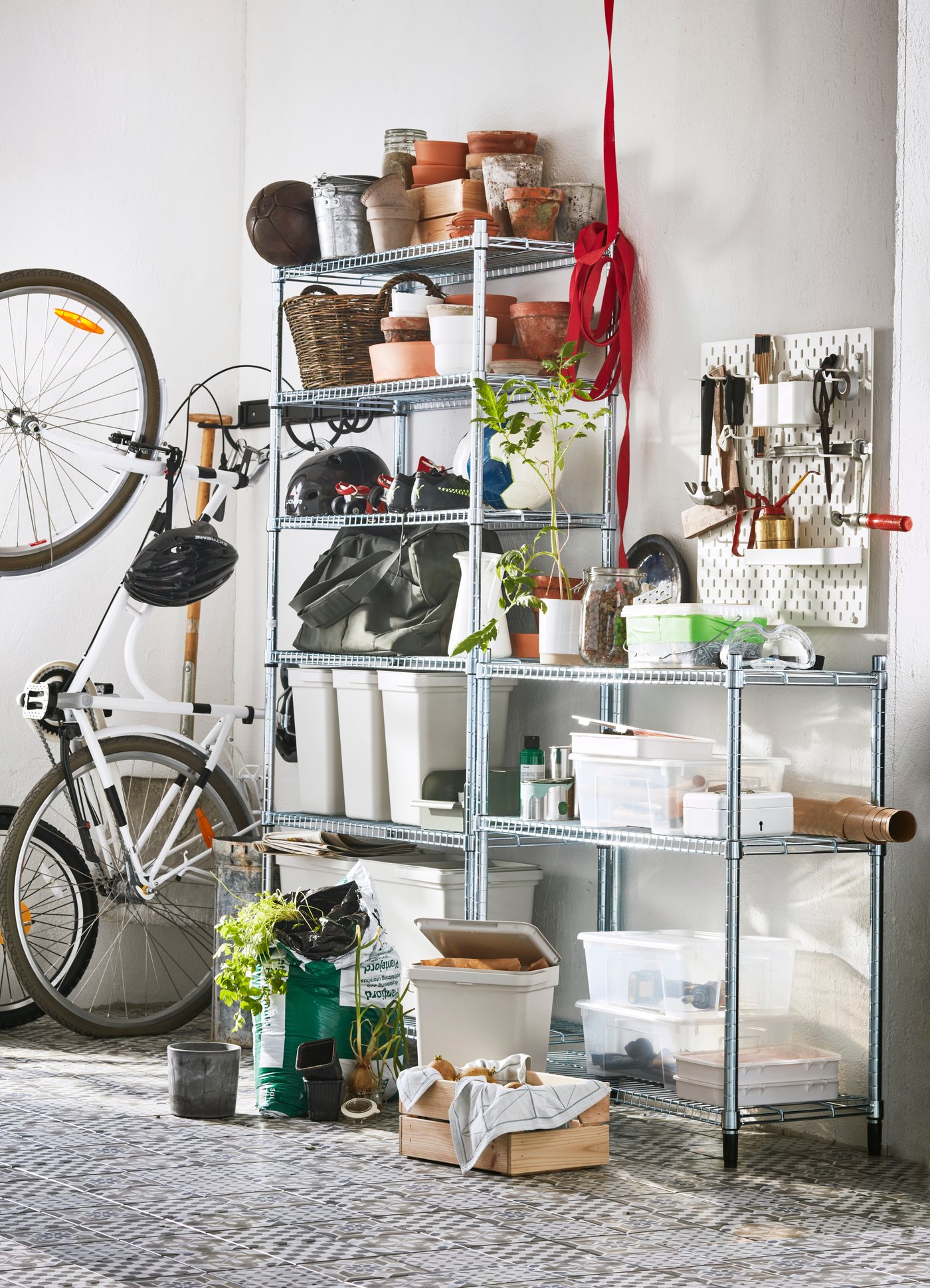 A galvanised OMAR shelving unit in the garage