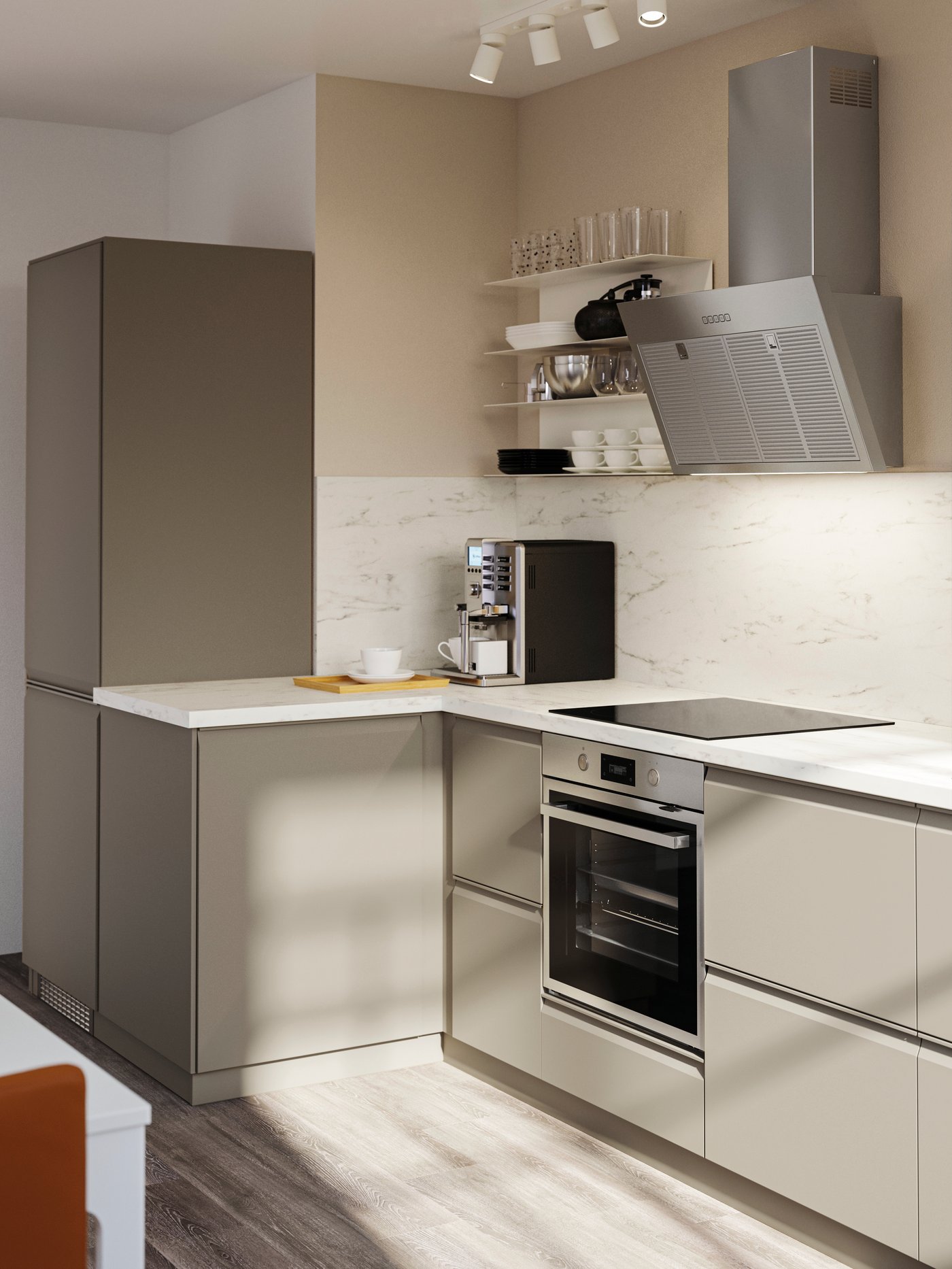 A matt dark beige UPPLÖV drawer front in the kitchen