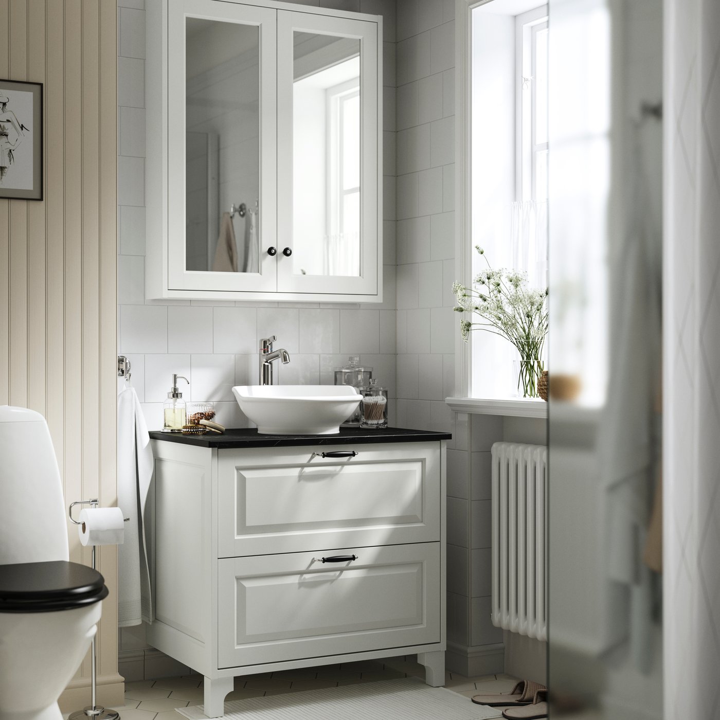 A white/black marble effect TÄNNFORSEN wash-stnd w drawers/wash-basin/tap