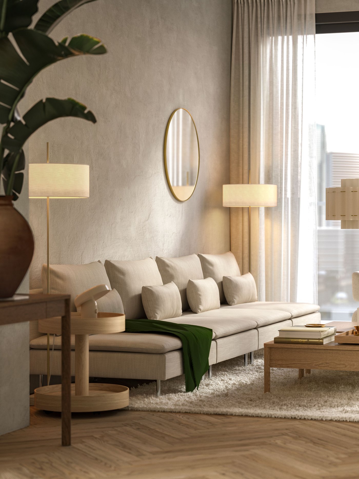 A white textile/brass-plated STOCKHOLM 2025 floor lamp in the living room