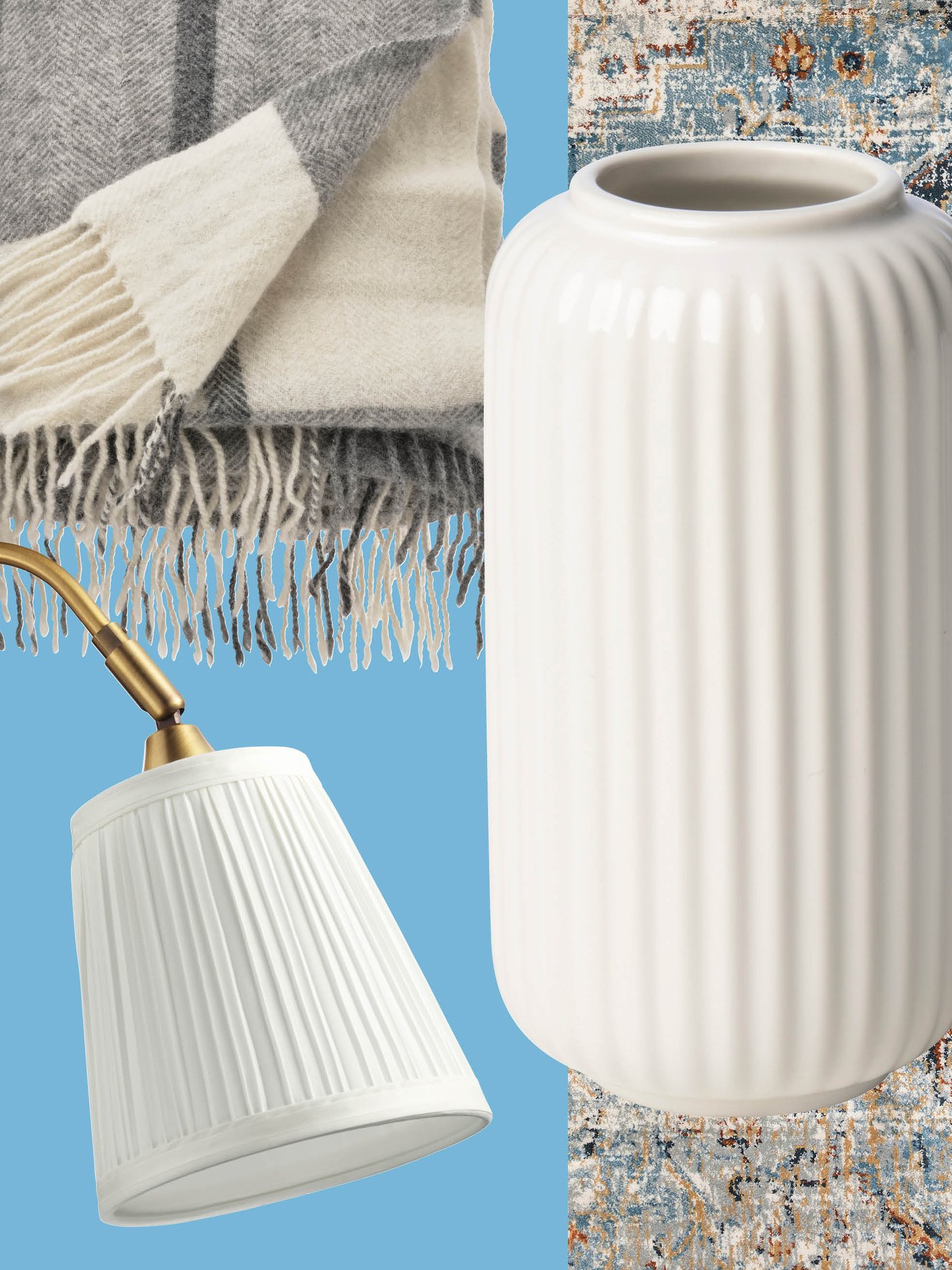 A mix of a ribbed white vase, a classic lampshade, a soft throw and an oriental‑inspired rug showcases the timeless, cozy atmosphere you can create with IKEA accessories.