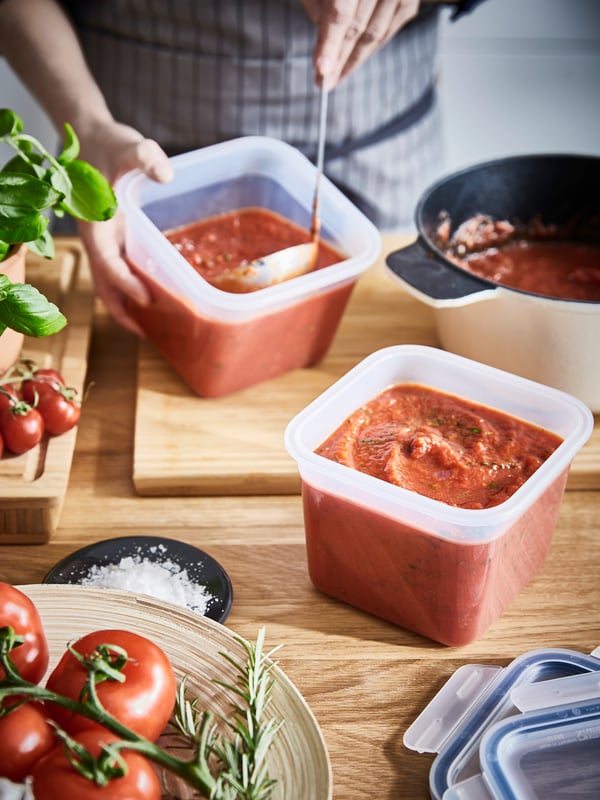 A square/plastic IKEA 365+ food container with lid in the kitchen