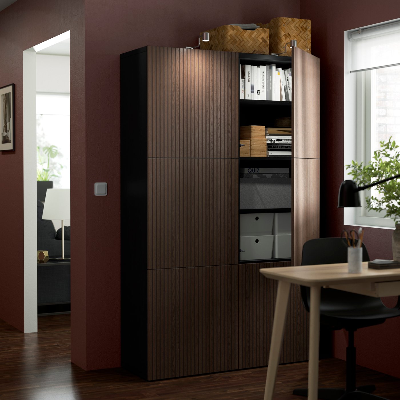 A black-brown Björköviken/brown stained oak veneer BESTÅ storage combination with doors