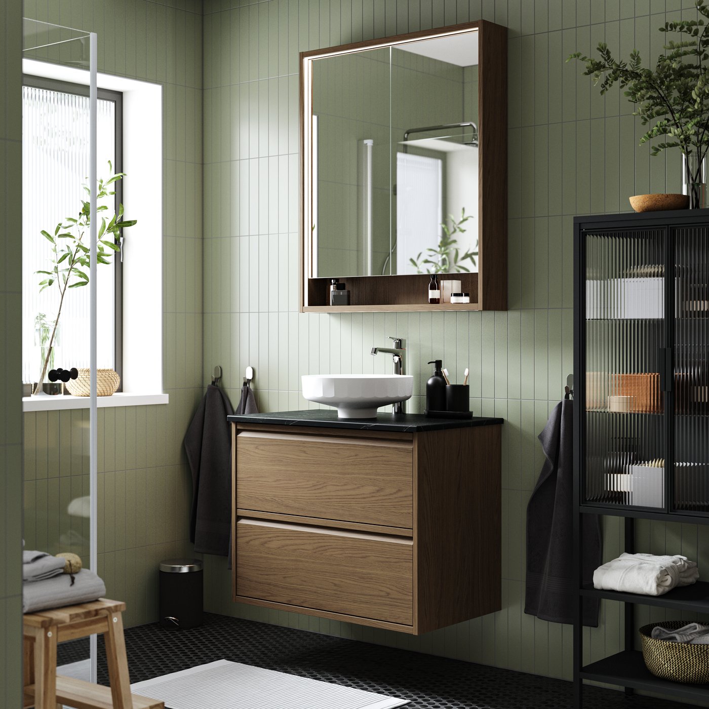LERSJÖN Waschtisch mit Schubladen/Waschbecken/Wasserhahn in Braun Eiche Optik/Schwarz Marmor Optik