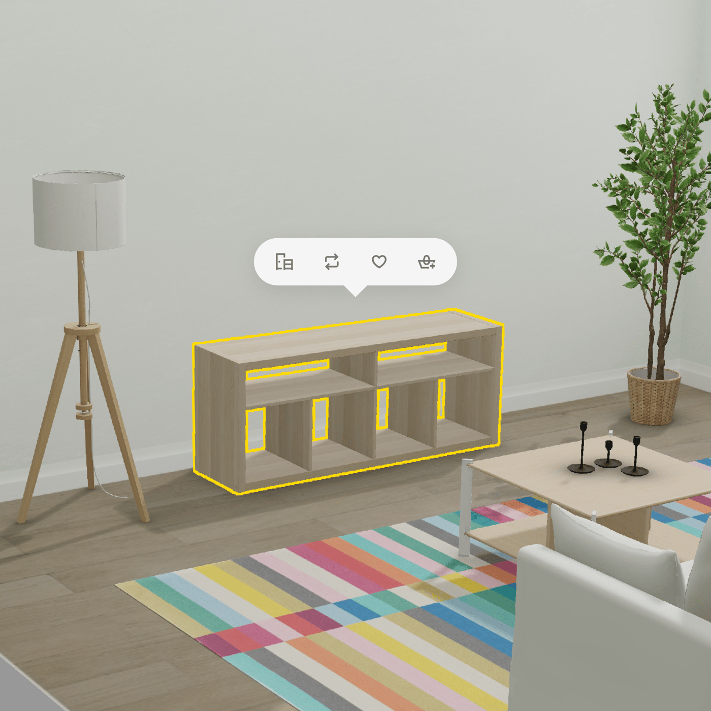 A living room with a yellow-outlined TV unit in IKEA Kreativ.