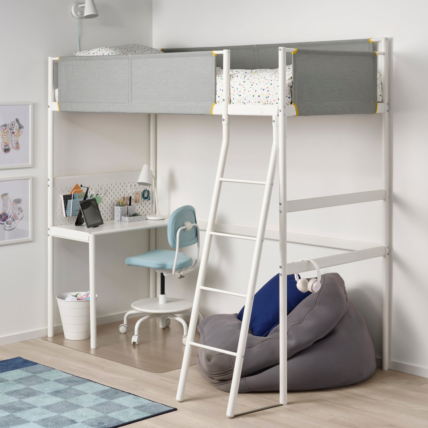 A white/light grey VITVAL loft bed frame with desk top
