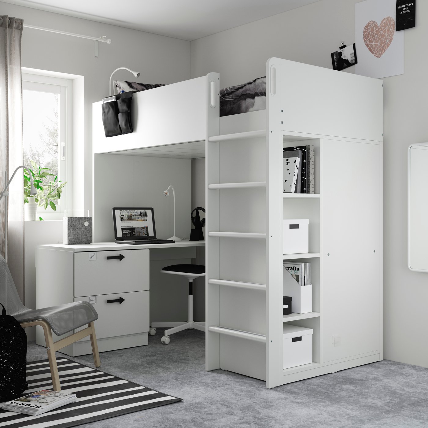 A SMÅSTAD loft bed 90x200 whi whi/w desk w 3 drw CN 