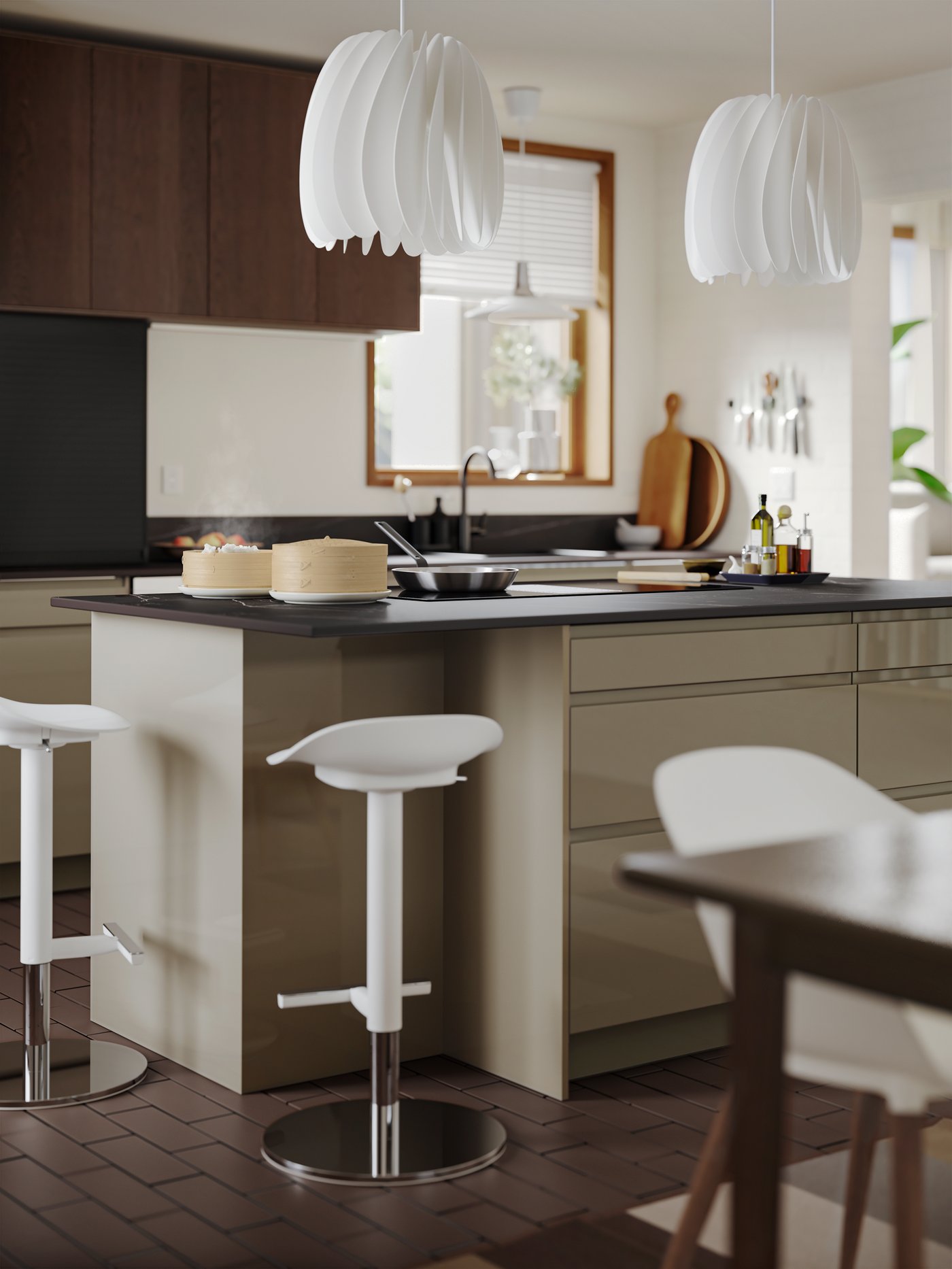 A straight kitchen has a kitchen island with high-gloss dark grey-brown VOXTORP fronts and white JANINGE bar stools.