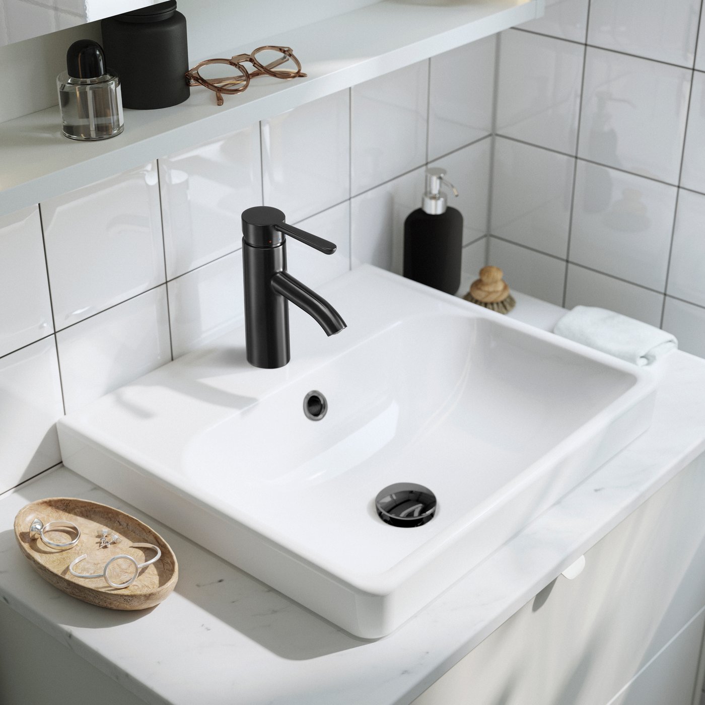 A dark grey/black marble effect HAVBÄCK wash-stnd w drawers/wash-basin/tap