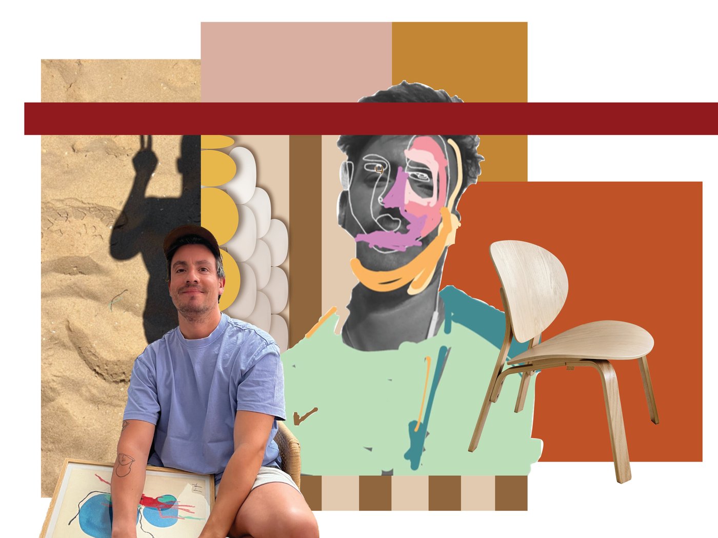 Una moodboard con i colori della terra, una poltrona FRÖSET e un ritratto di João.