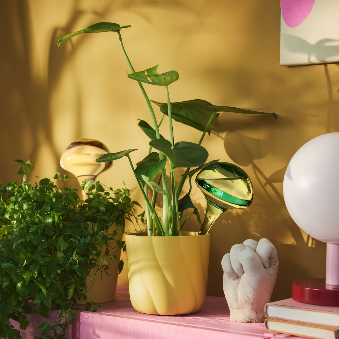 A green plant in a yellow pot with two DOFTRIPS self-watering inserts in pink and green standing on a pink cabinet.