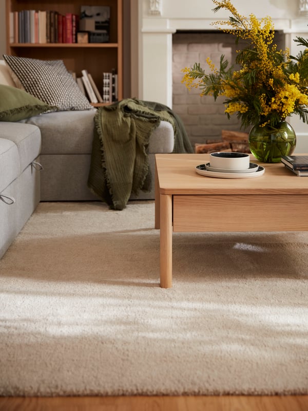 A living room with a STOENSE rug, a BÅRSLÖV sofa-bed with textiles and a TONSTAD oak-veneer coffee table with a flower vase.