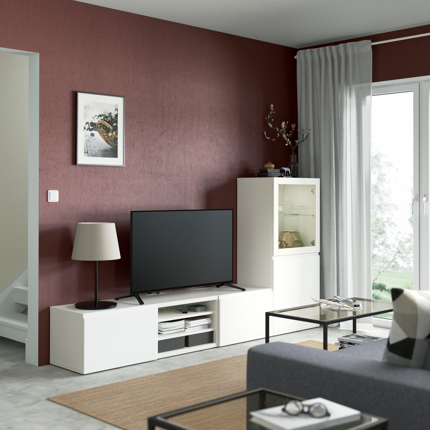 A white/Västerviken white clear glass BESTÅ TV storage combination/glass doors