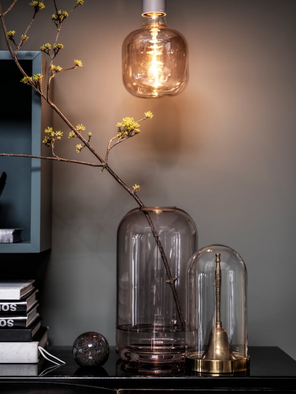 Trubicová hnědá čirá skleněná LED žárovka LUNNOM E27 80 lumenů. Dole se nachází váza DRÖMSK s květinou.