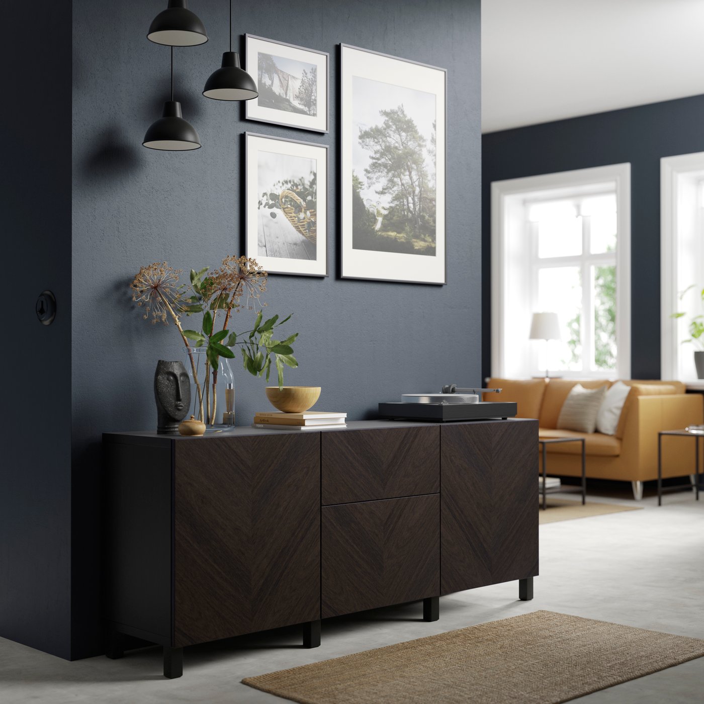 A black-brown Hedeviken/Stubbarp/dark brown stained oak veneer BESTÅ storage combination with drawers