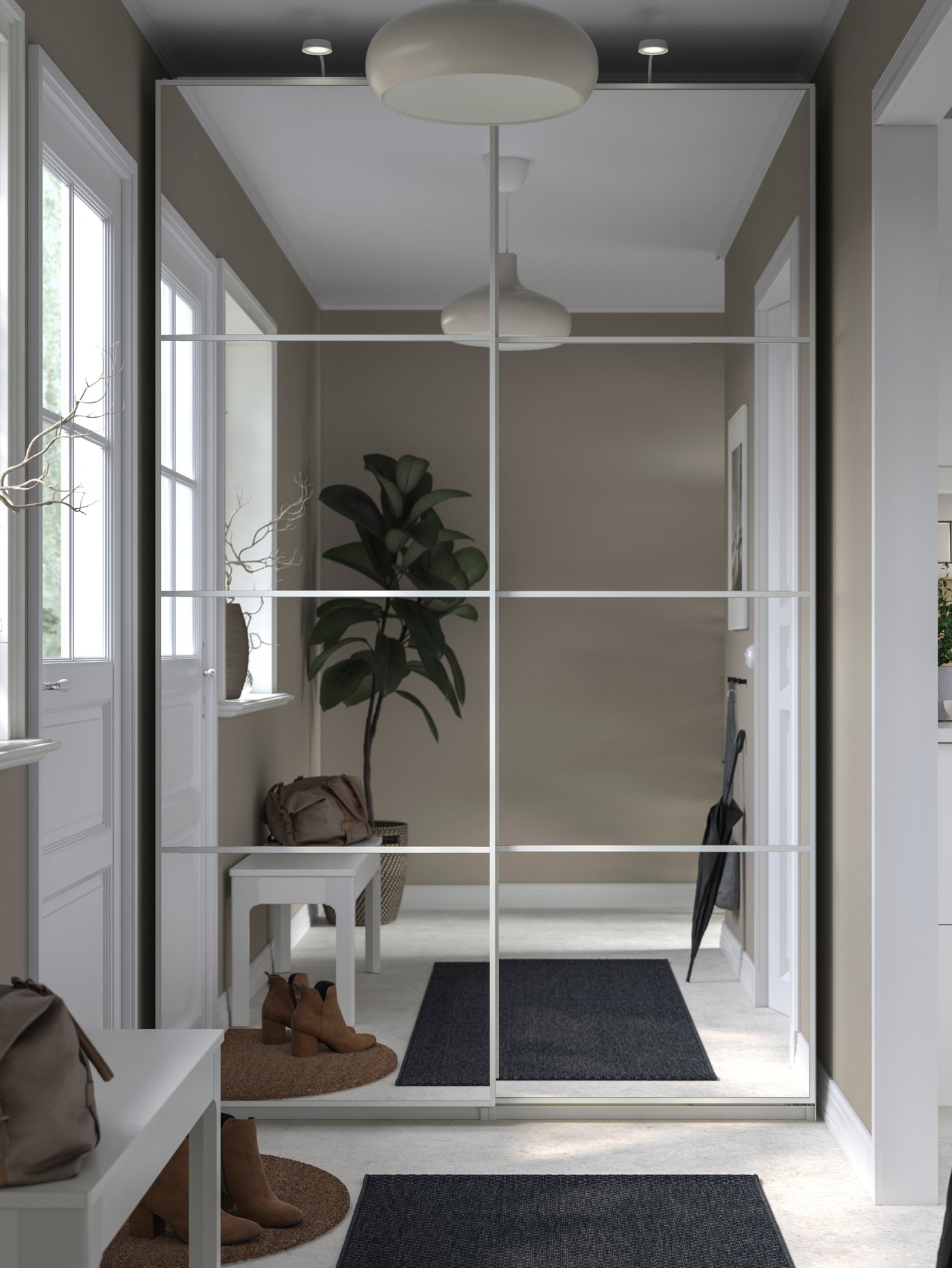 PAX wardrobe complete with mirrored AULI panel sliding doors in narrow space.