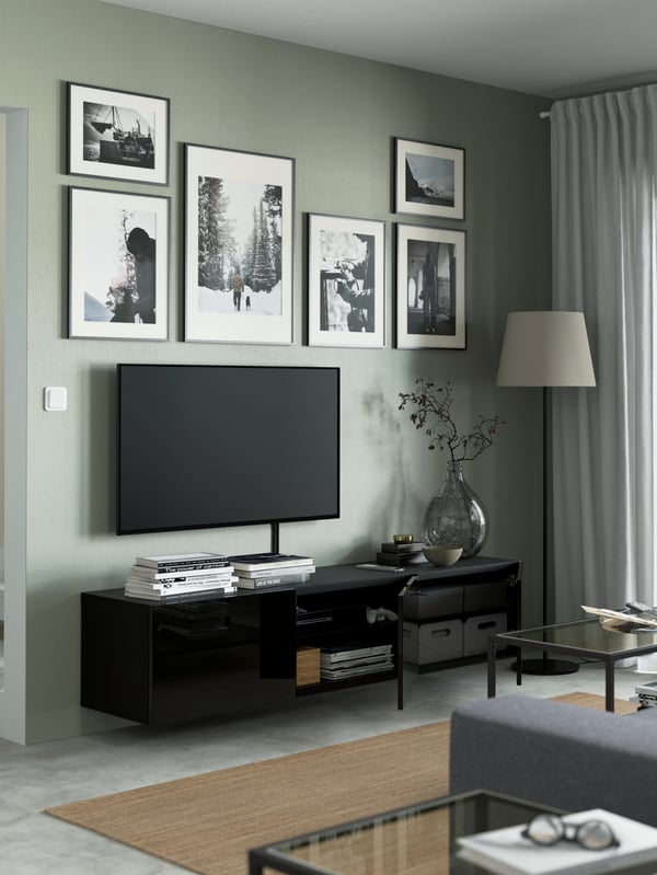 BESTA TV Bench with gallery wall above