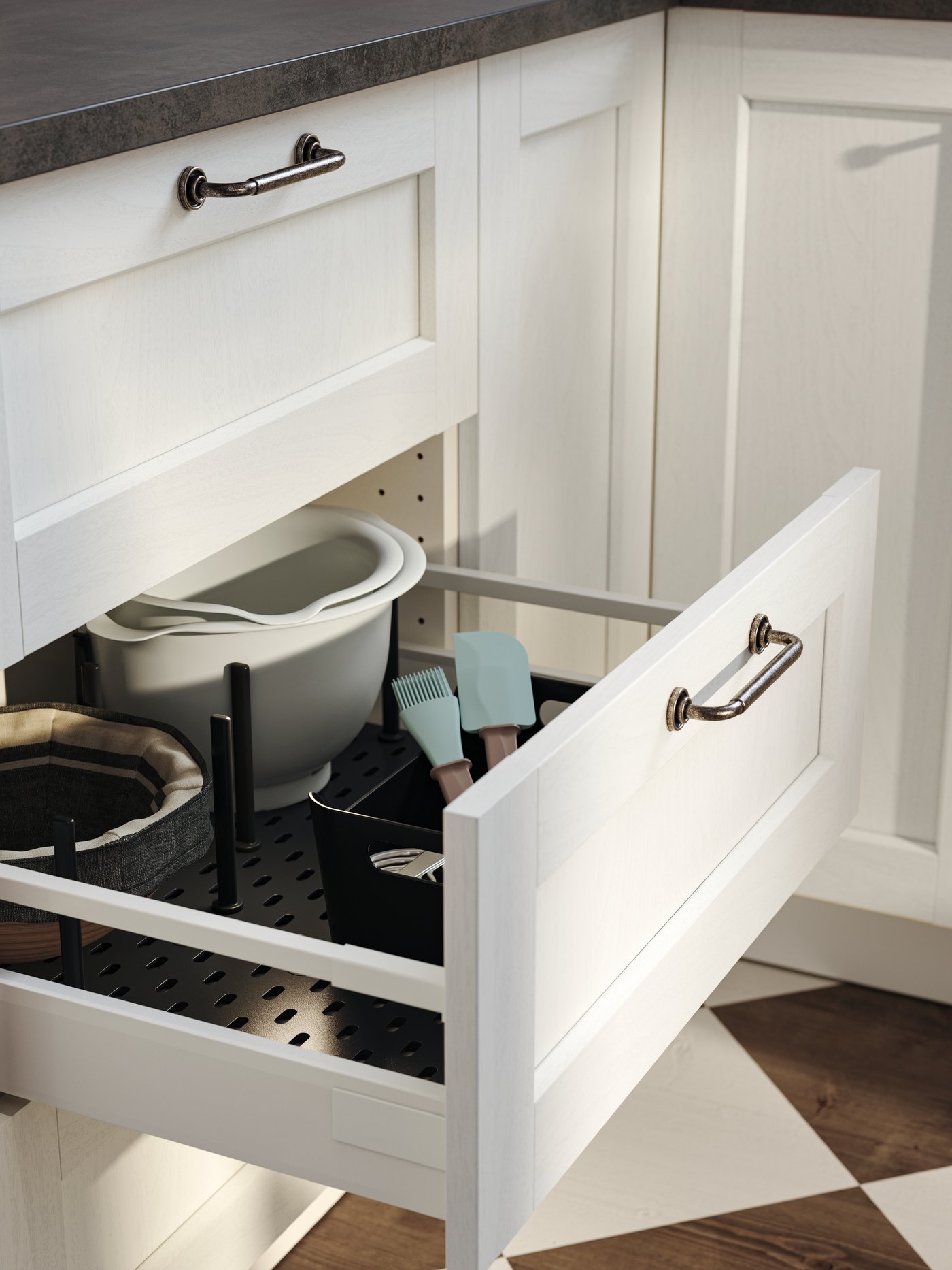 Organizing baking supplies in a kitchen drawer