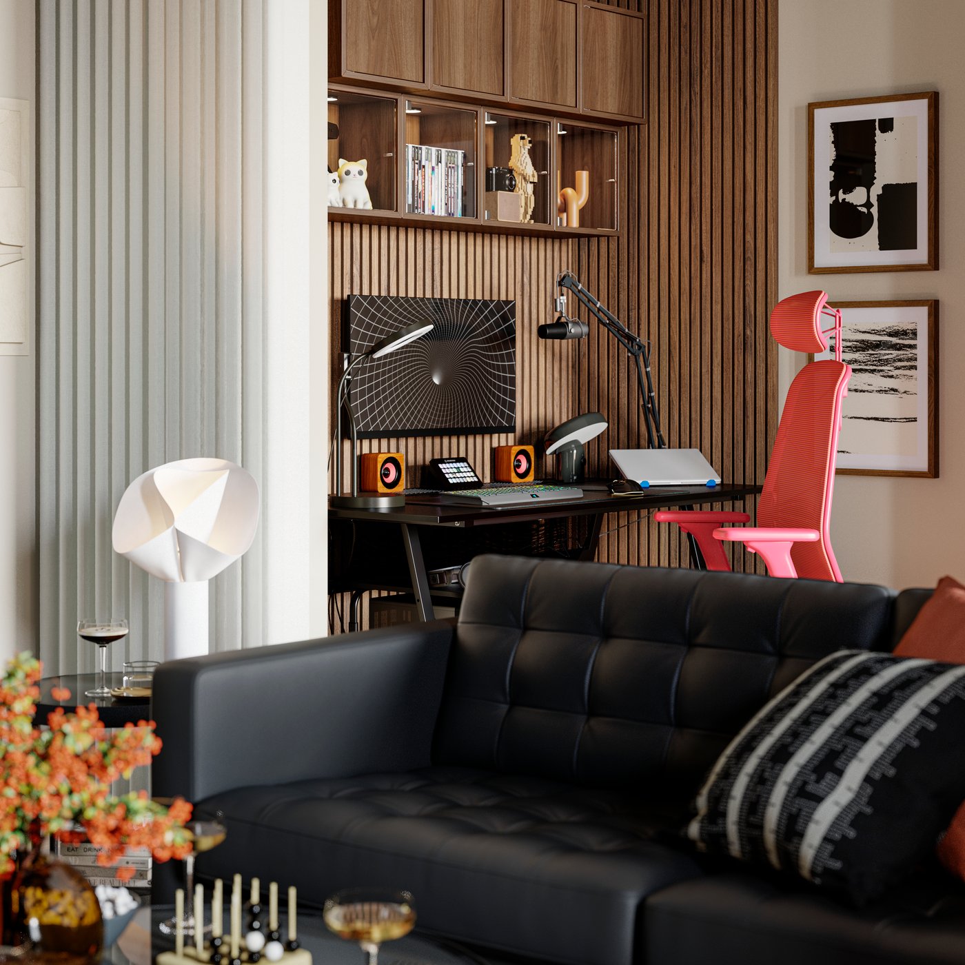A 3-seat sofa stands in front of a gaming area with an UTESPELARE gaming desk and a red STYRSPEL gaming chair.