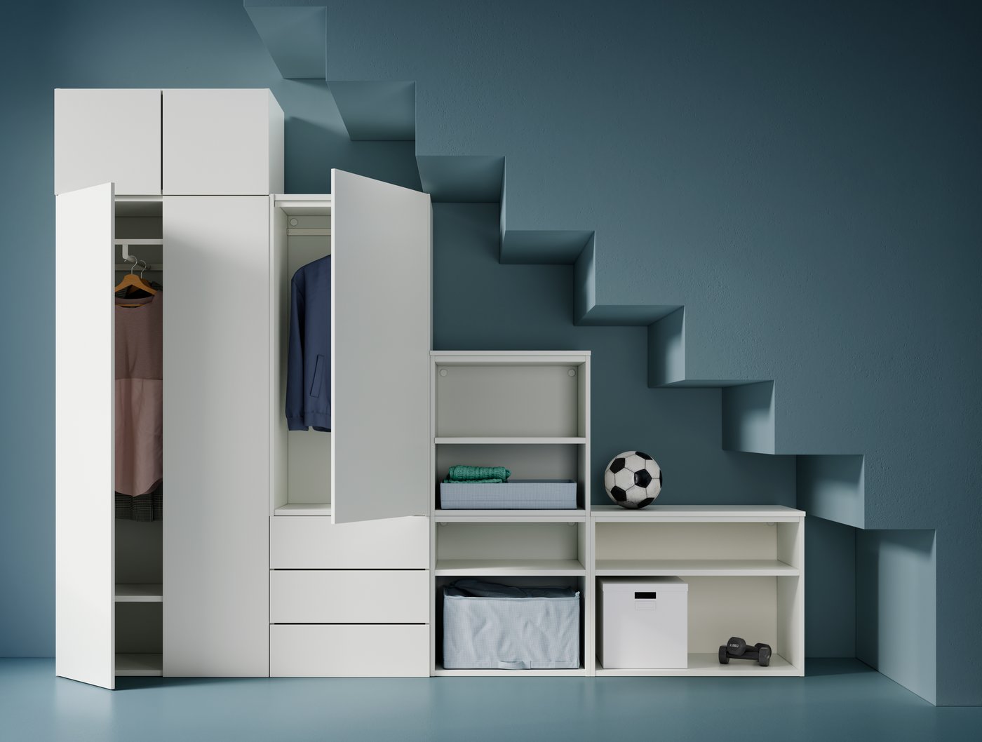 Blaues Zimmer mit einer weißen PLATSA-Schrankkombination, die mit dem PLATSA Planer erstellt wurde.