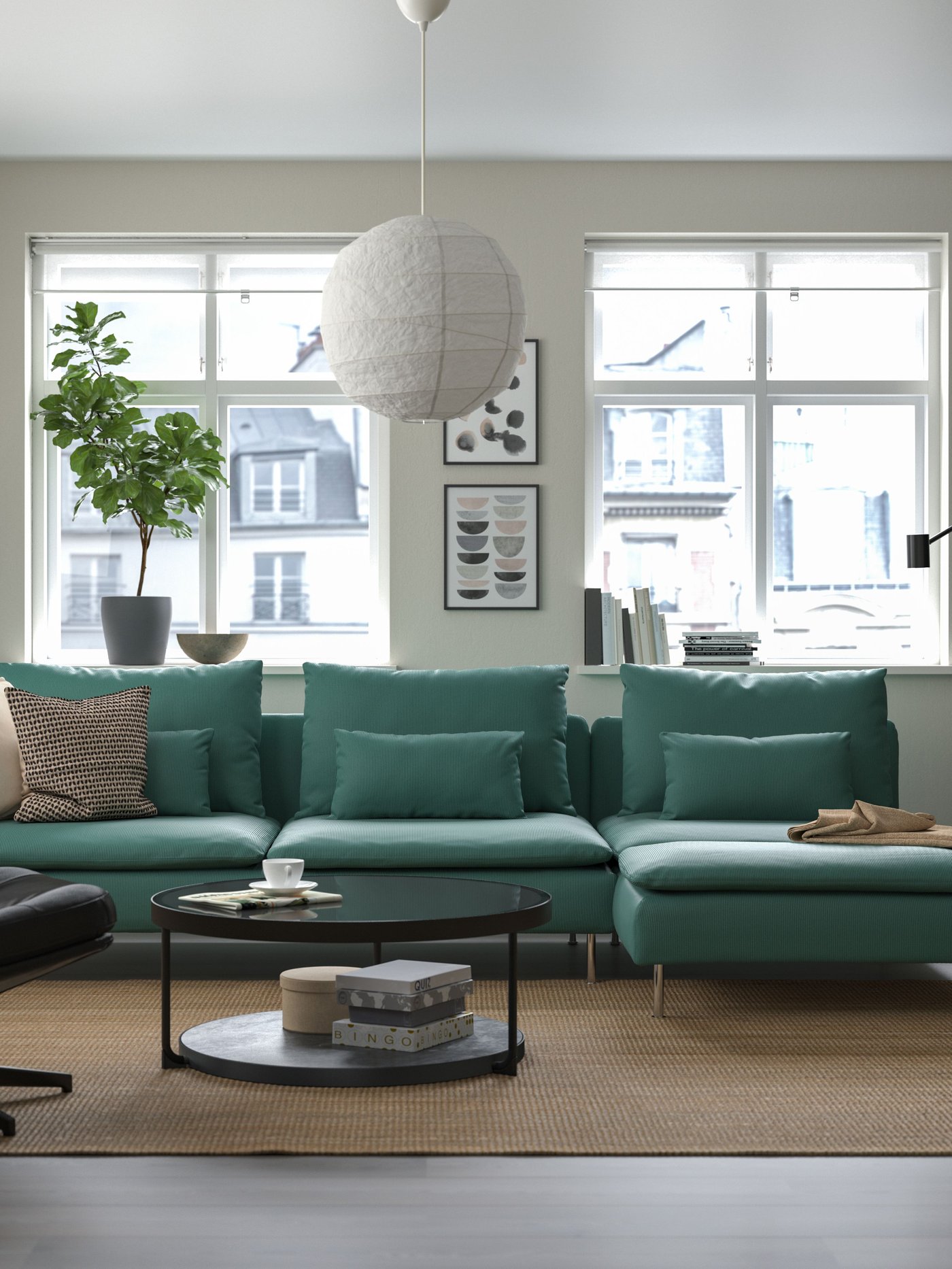 An and open end Kelinge/grey-turquoise SÖDERHAMN 4-seat sofa with chaise longue in the living room