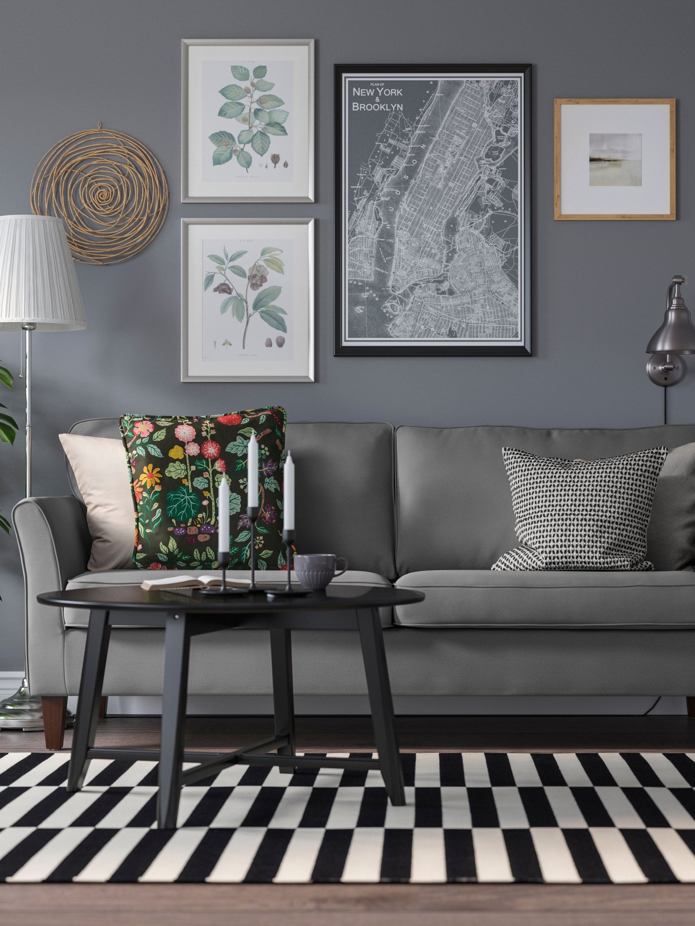 A Hakebo dark grey EKHOLMA 3-seat sofa in the living room