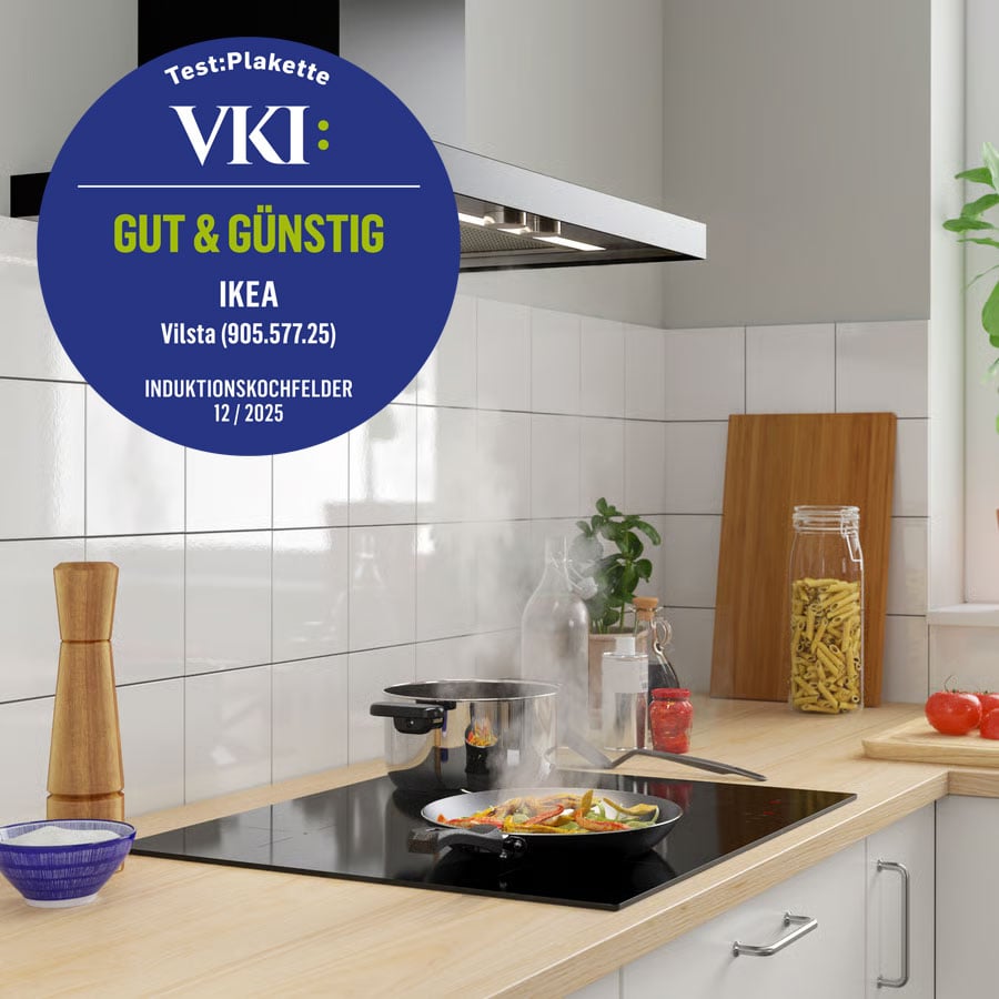 A shallow pan with vegetables (e.g. colorful strips like peppers or zucchini) is heated on the IKEA 300 black VILSTA induction hob.