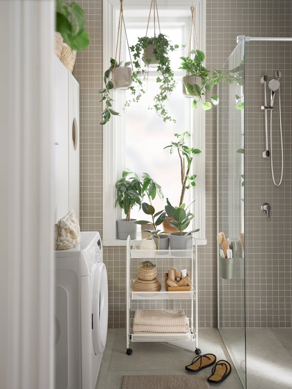 Une salle de bains lumineuse avec un agencement de lavage d’un côté, une douche de l’autre, et une desserte blanche sous une fenêtre. Des plantes sont suspendues.