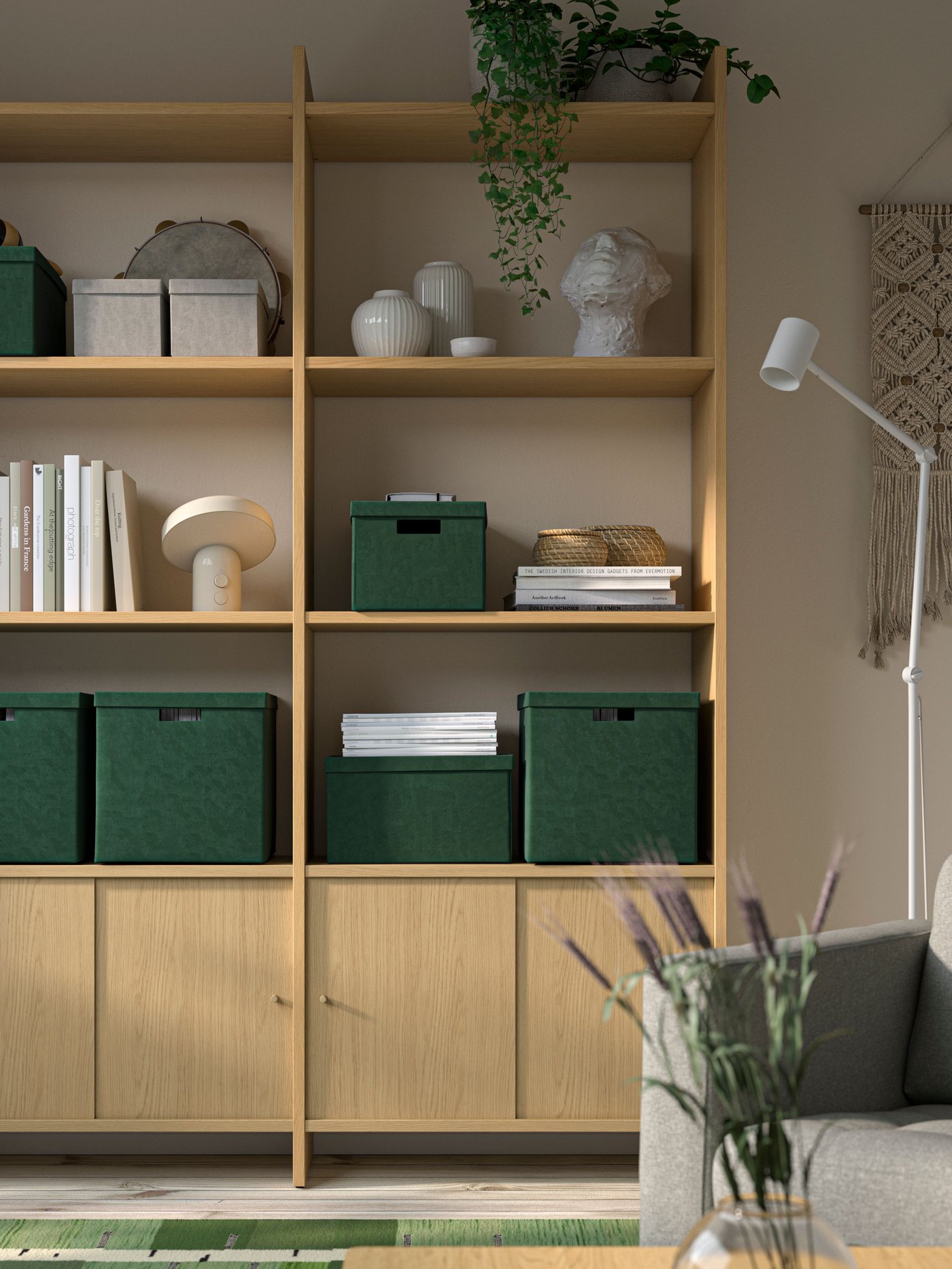 Rangement LÅDMAKARE avec six étagères/motif chêne et portes coulissantes