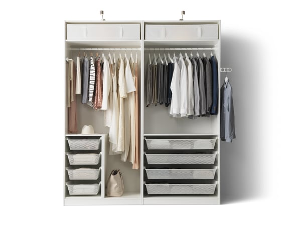 A white/Hasvik high-gloss/white PAX wardrobe