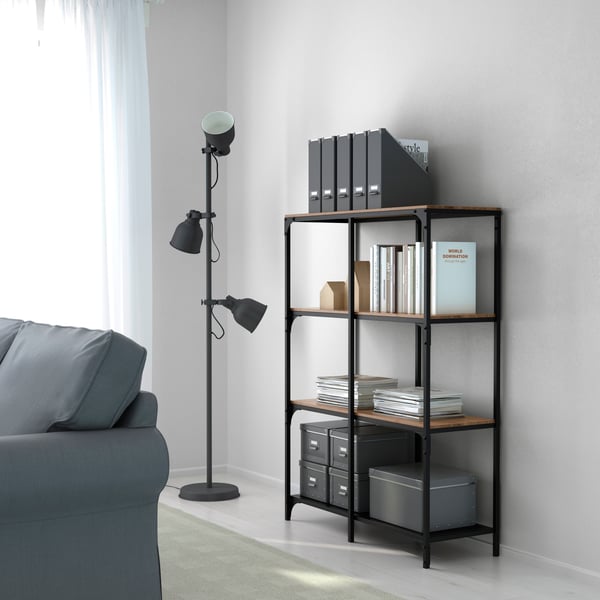 A black FJÄLLBO shelving unit