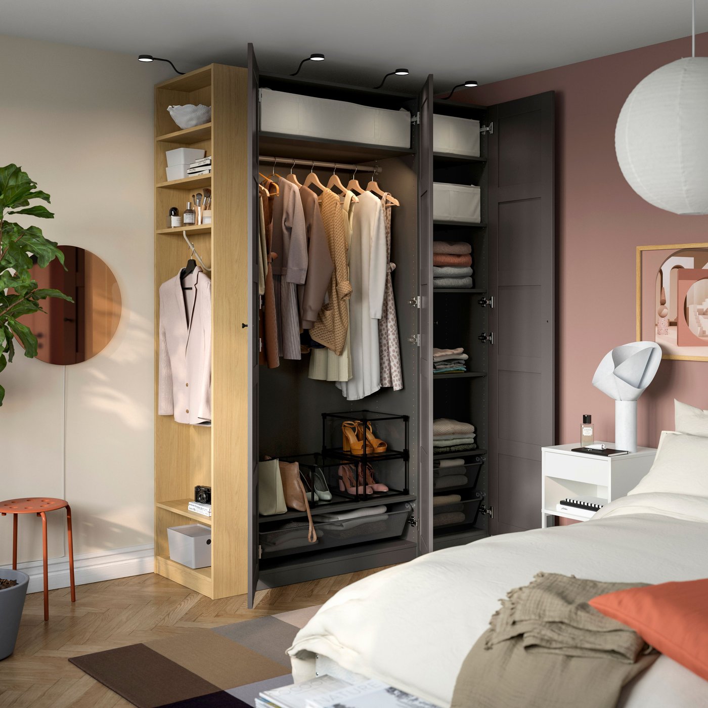 An oak effect PAX add-on end-unit in the bedroom