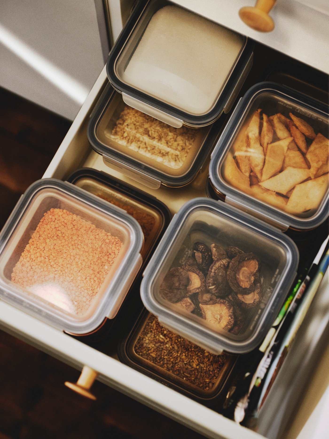 A square/plastic IKEA 365+ food container in the kitchen