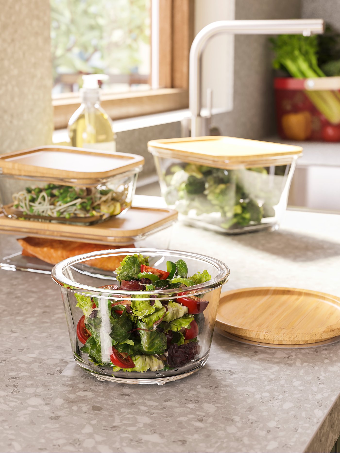 Kitchen counter with multiple food containers with lid, one with lid on counter, kitchen mixer tap, and soap dispenser.