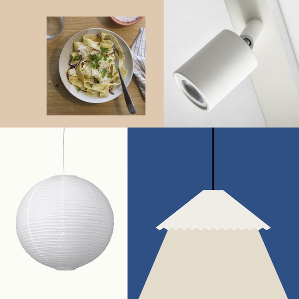 A shopping spread with GULLSUDARE pendant lamp shade and BÄVE LED ceiling track with three spotlights.