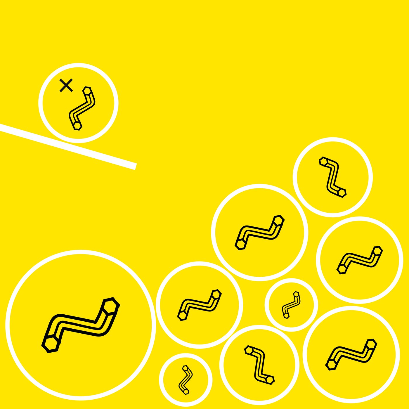 Nine black Allen key symbols in a white circle on a yellow square background.