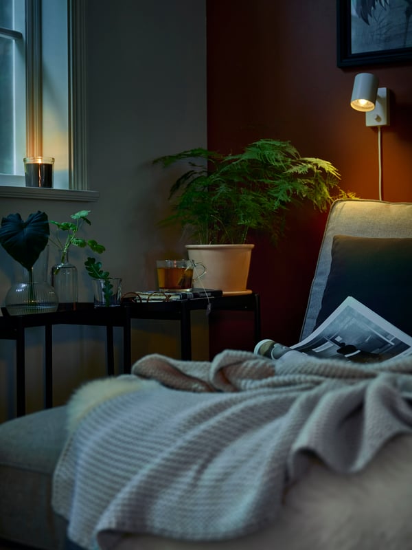 Bela NYMÅNE zidna lampa iznad sivog lenjivca, pored dva crna OLIVBLAD stalka za cveće s biljkama i šoljom čaja.