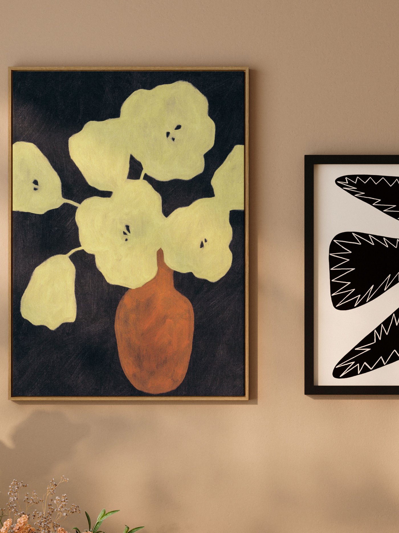 BLODFLÄDER floral canvas print in wooden frame.