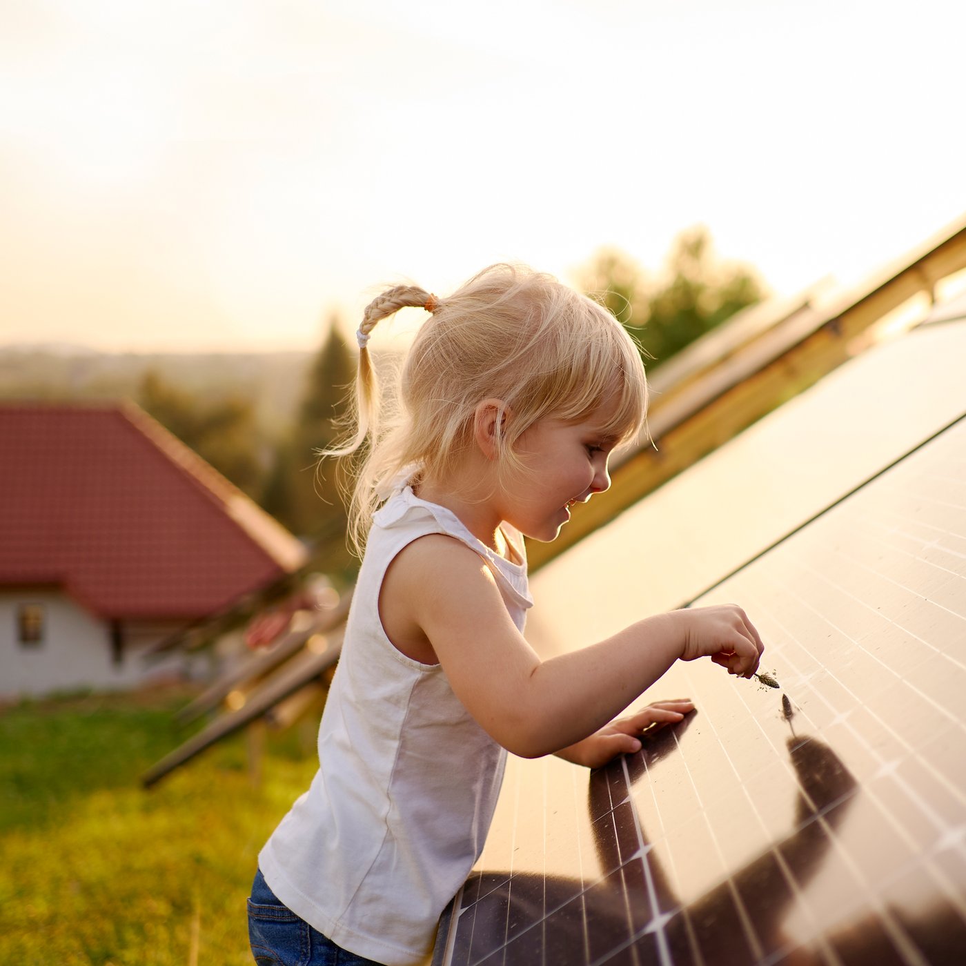 A young child with blonde hair runs a grass seed head across the surface of a solar panel while outside in the evening sun.