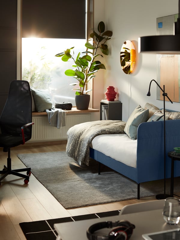 Un soleil bas éclaire une pièce bien rangée dans laquelle on voit un lit BLÅKULLEN, un bureau, un fauteuil gamer HUVUDSPELARE noir, une plante verte et des objets déco.